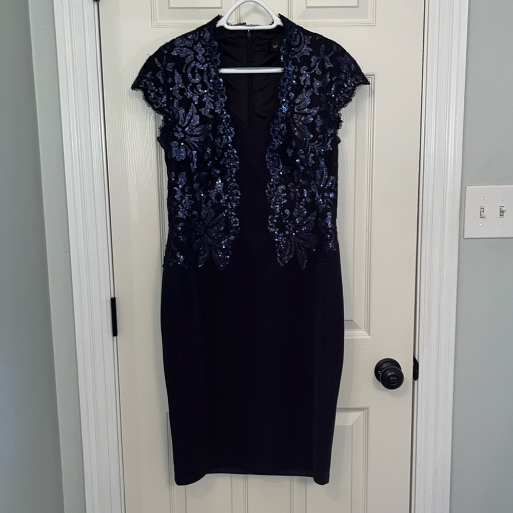 Tadashi Shoji Black Midi‎ Lace Sequin Sheath Dress Sz 8 Formal Party Cocktail